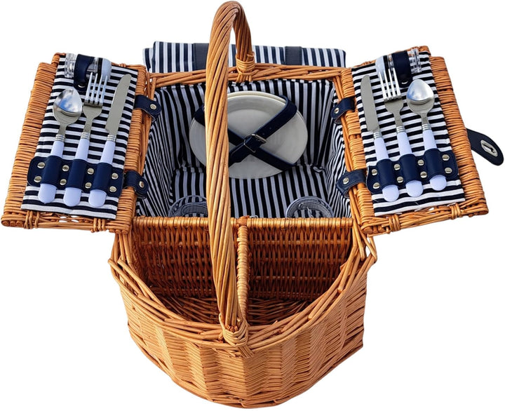 Picknickkorb für 2 Personen mit Picknickdecke, Besteck, Tellern, Weingläsern, Salz &amp; Pfeffer, Korken