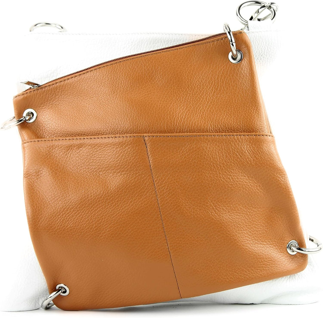 modamoda de - T140 - ital Messengertasche Umhängetasche 2in1 Leder Weiss/Camel, Weiss/Camel