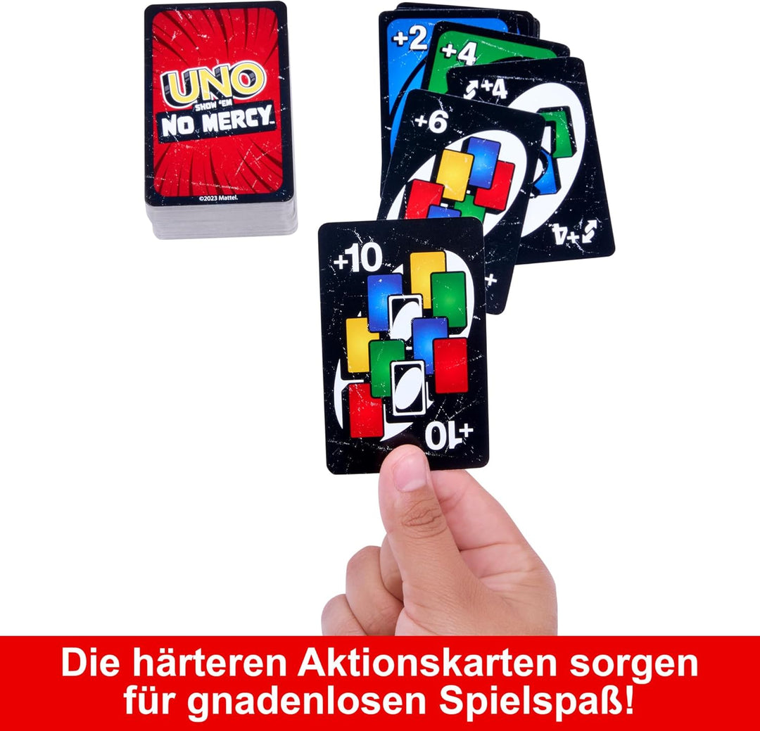Mattel Games UNO No Mercy Kartenspiel in Einer Aufbewahrungsdose zum Mitnehmen für Kinder, Erwachsen