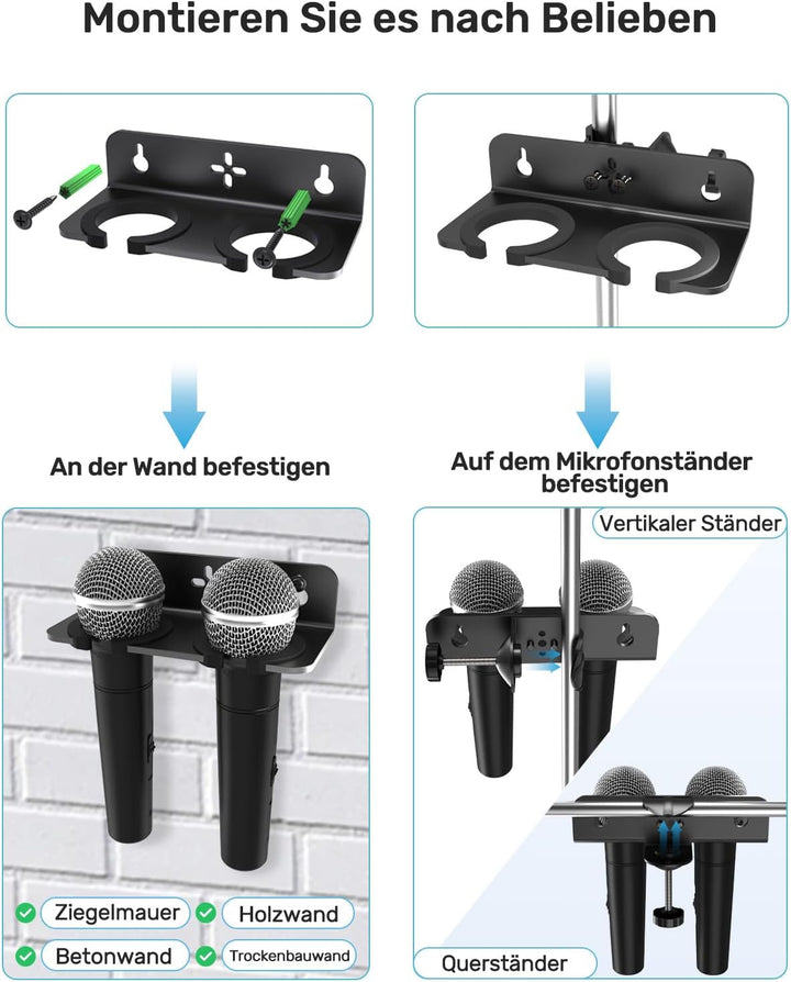 2-Multi Mikrofonhalter, Organizer für Mikrofonständer für Dynamische Kabelgebundene und Kabellose Mi