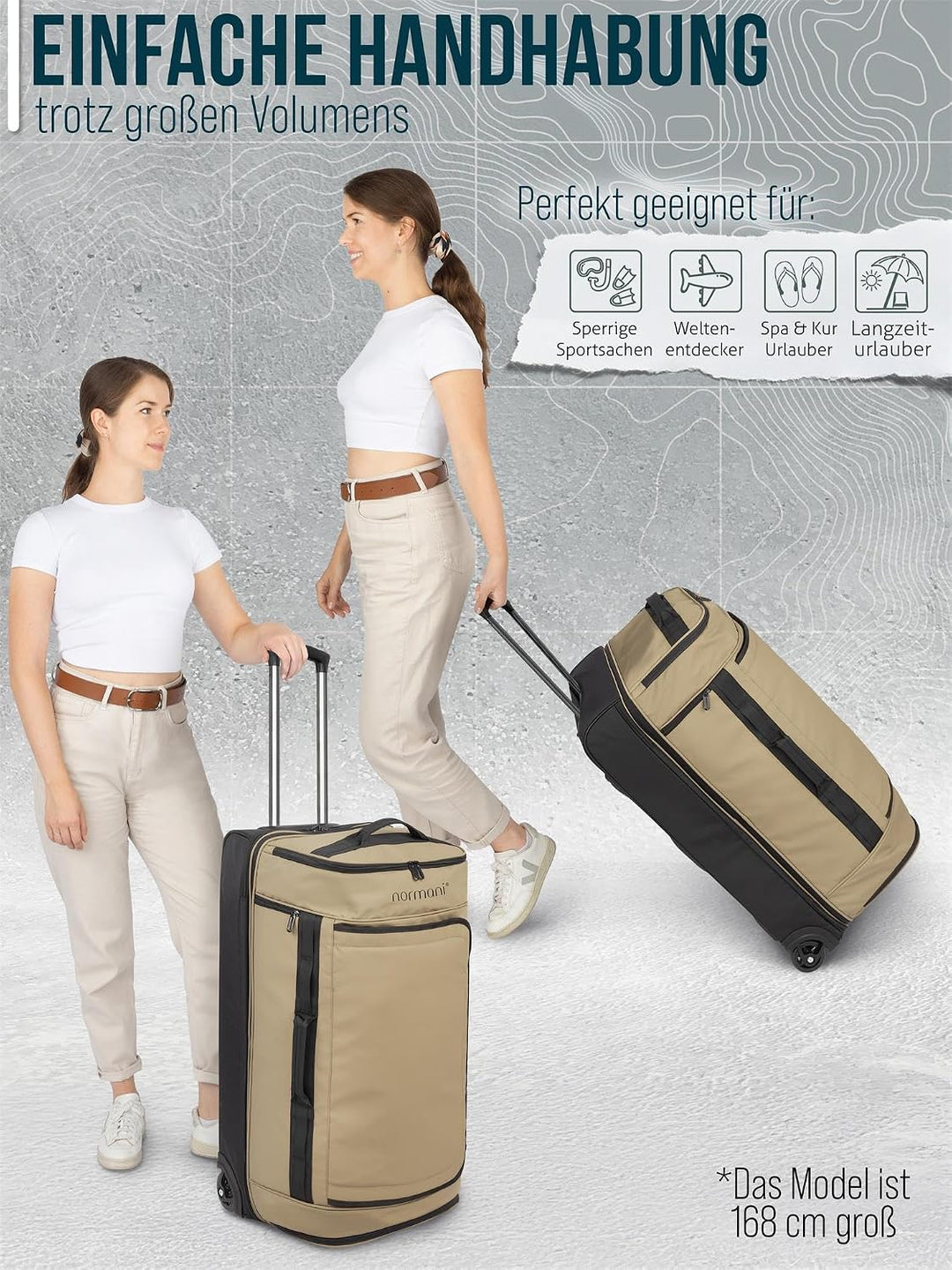 normani XXL Reisetasche 100-120 Liter 2-Rad Trolley gross Weichgepäck Travel Bag mit Rollen und 8 Fä