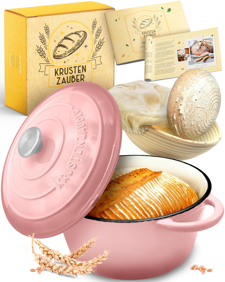 KRUSTENZAUBER Gusseisen Topf Brot backen emailliert inkl. Gärkorb - 26cm Emaille-Topf samt Zubehör -