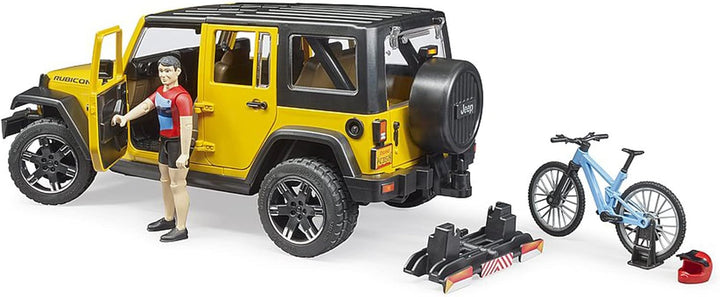 bruder 02543 - Jeep Wrangler Rubicon Unlimited mit Mountainbike &amp; Radfahrer- 1:16 Geländewagen Fahrr