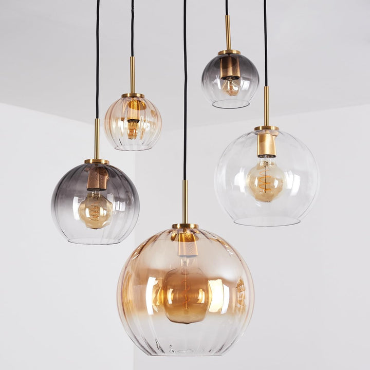 HOFSTEIN Hängeleuchte Koyoto, 5-flammige Hängelampe aus Metall/Riffelglas in Schwarz/Gold/Bernstein/