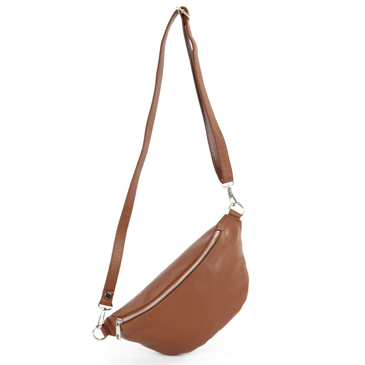 modamoda de - T211 - ital. Hüfttasche Bauchtasche Brusttasche Medium aus weichem Leder, Farbe:Cognac