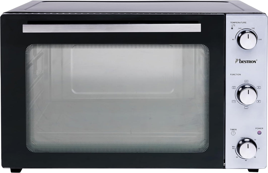 Bestron AOV55 2-in-1 Mini-Backofen mit Drehspiess, 55 Liter, 2000 W, Edelstahl, Schwarz 55 Liter Min