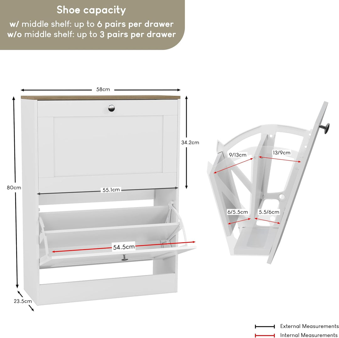Vida Designs Schuhkipper mit 2 Klappen | 80 H x 58 B x 23.5 T cm | Weiss/Eiche | Platzsparender Schu