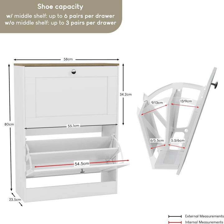 Vida Designs Schuhkipper mit 2 Klappen | 80 H x 58 B x 23.5 T cm | Weiss/Eiche | Platzsparender Schu