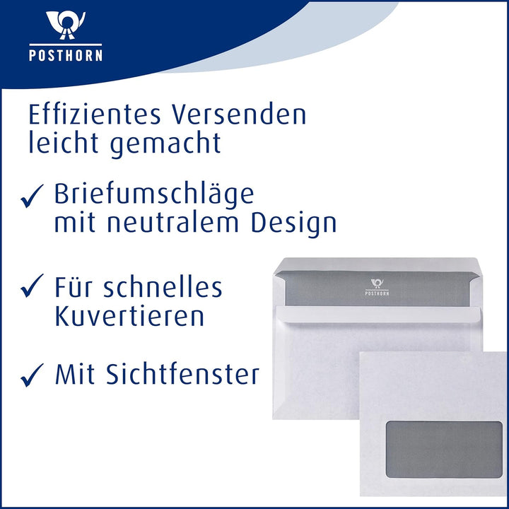 POSTHORN Briefumschlag C6 (1000 Stück), Kuvert mit Sichtfenster und selbstklebender Doppelklappe, we