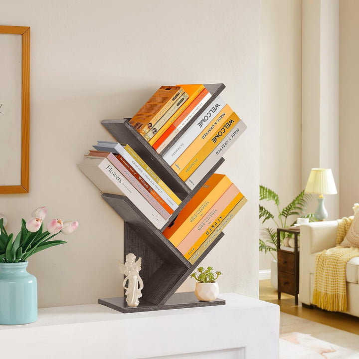 Hoctieon Bücherregal Baumform, Standregal mit 4 Ebenen, Bookshelf Bookcase Holz Eckregal Stehend für