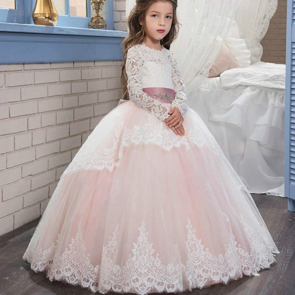 PLWEDDING Spitze Lange Ärmel Blumenmädchen Kleid Prinzessin Tüll Kleid für Kinder Erstkommunion Klei