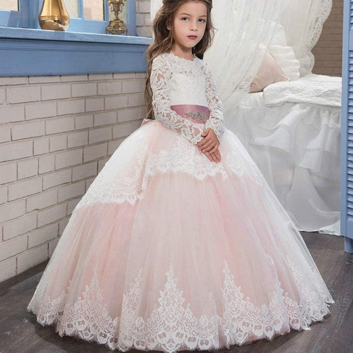 PLWEDDING Spitze Lange Ärmel Blumenmädchen Kleid Prinzessin Tüll Kleid für Kinder Erstkommunion Klei