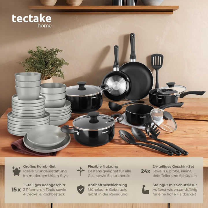 tectake® Küchenstarterset 6 Personen, Steingut Geschirr Set, Teller, 4 Töpfe 2 Pfannen rostfreies Al