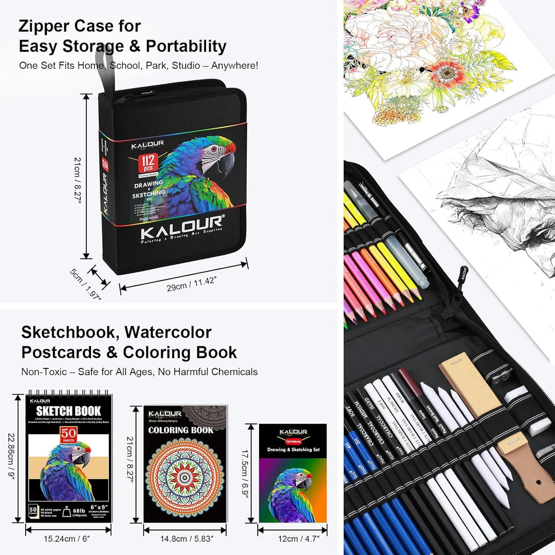KALOUR PDAS 112 Zeichenset, Skizzierset, Pro Art Supplies mit 3-Farben-Skizzenbuch und Malbuch, Neon