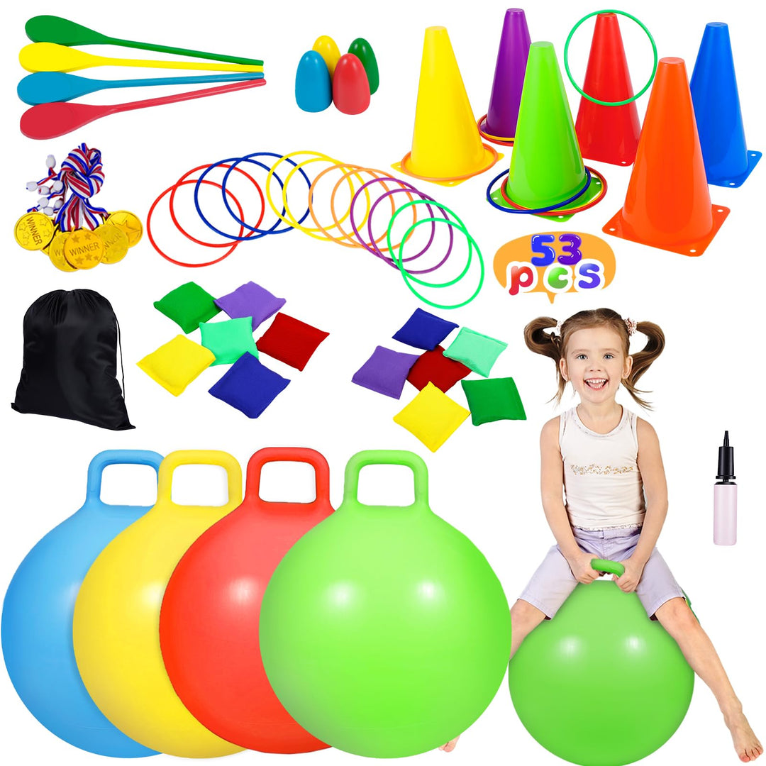 CWLAKON Outdoor-Karnevalsspiele, 53 Stück, Hopper-Bälle für Kinder, weiche Kunststoff-Kegel, Sitzsäc