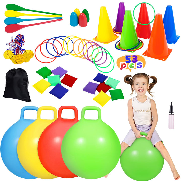 CWLAKON Outdoor-Karnevalsspiele, 53 Stück, Hopper-Bälle für Kinder, weiche Kunststoff-Kegel, Sitzsäc