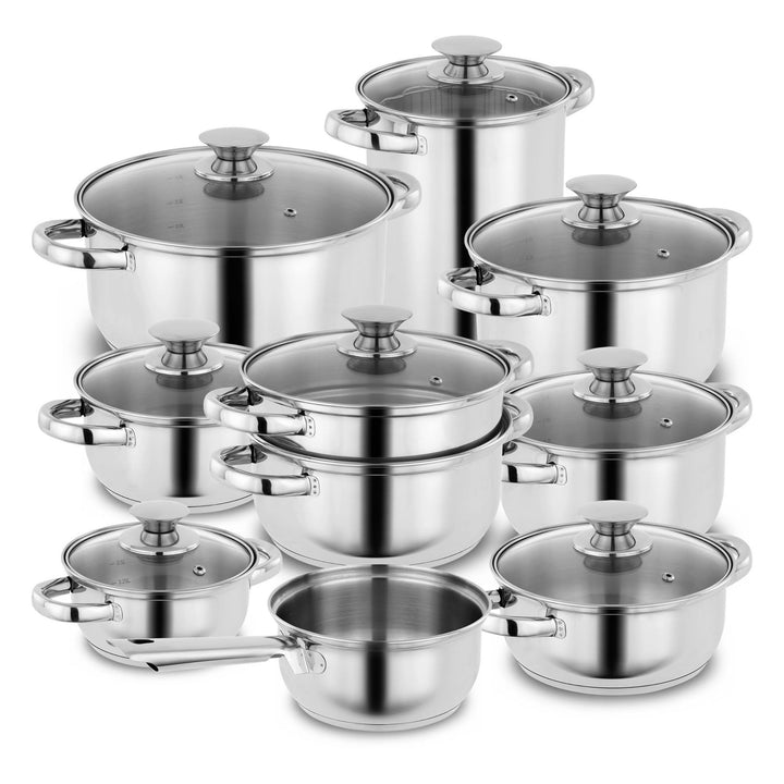 Kopf Topfset Janina 19-teilig aus Edelstahl, Induktion-Kochtopf-Set, 7X Töpfe, 1x Spargelotpf, 1x St