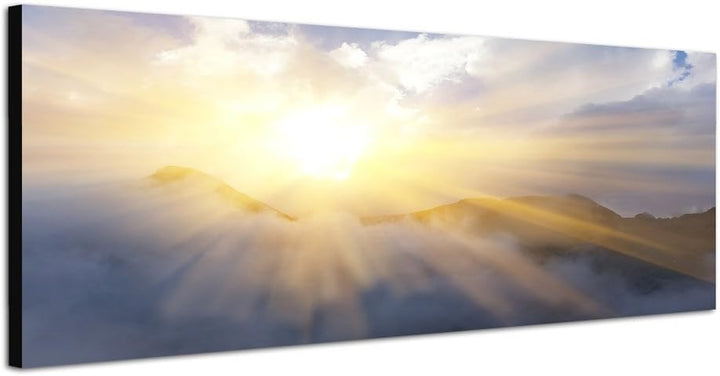 Paul Sinus Art Panoramabild auf Leinwand und Keilrahmen 150x50cm Berge Sonnenstrahlen Wolkenschleier