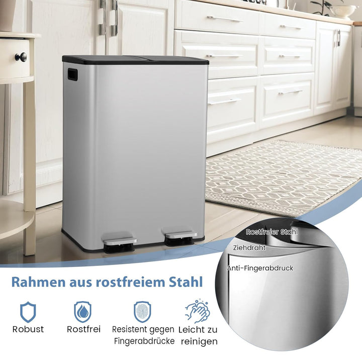 COSTWAY Mülleimer 2 Fächer, 2 x 30L Abfalleimer Küche, Tretmülleimer mit sanft schliessendem Deckel,
