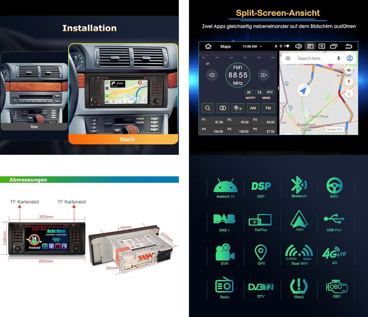 Erisin Android 14 8-Kern 4GB RAM+64GB ROM Autoradio GPS Navi für BMW 5er E39 M5 7 Zoll Bluetooth 5.0