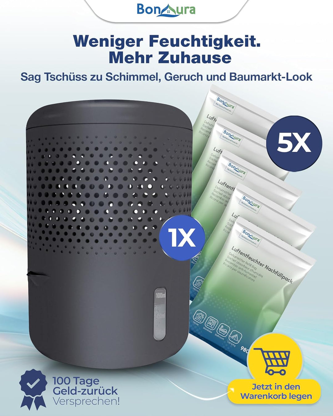 BonAura® Luftentfeuchter ohne Strom | Raumentfeuchter bis 23m² für Keller, Bad | mit 680g Luftenfeuc