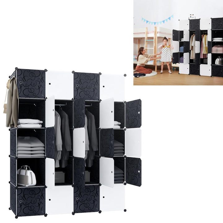YUENFONG Kleiderschrank Regalsystem aus 20 Würfeln PP Material, Garderobenschrank mit Türen Tragbare