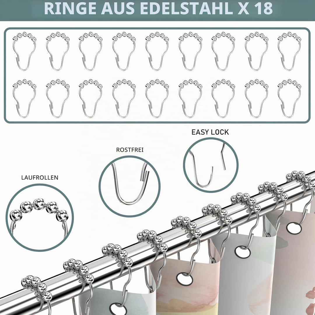Duschvorhangstange Gebogene inkl. 24 Ringe - Stabile Winkelstange Duschvorhang ohne Deckenhalterung