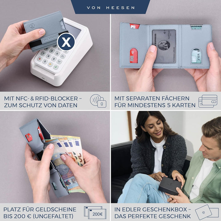 VON HEESEN Slim Wallet mit Münzfach &amp; RFID-Schutz - Leder Geldbeutel - Mini Geldbörse für Herren und