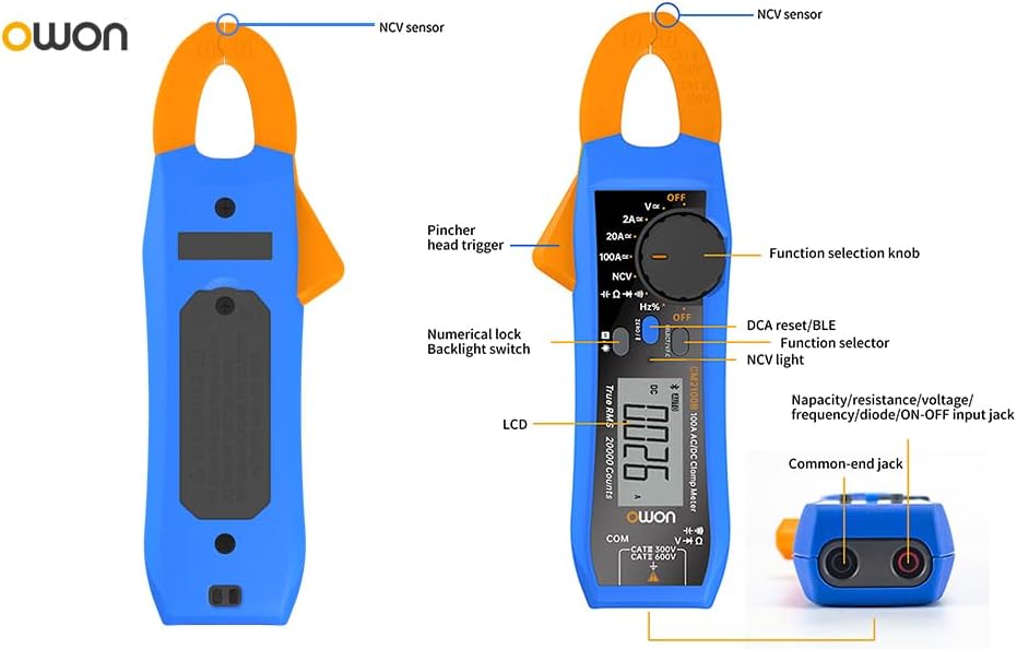 OWON CM2100B Digitales Zangenmessgerät Bluetooth Smart Electrical Tester 600V AC/DC True RMS VFC Dio