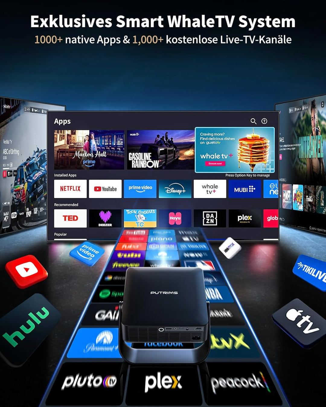 Smart Beamer【Kompatibel mit Netflix/Live TV/330° Drehbar】 Mini Beamer 4K mit Autofokus/6D Trapezkorr