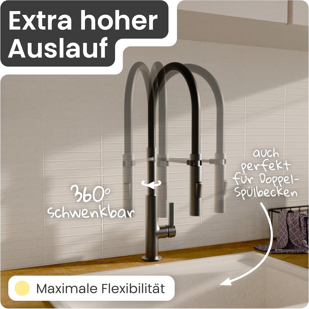 instmaier Nova | Küchenarmatur mit flexibler Geschirrbrause | Graphit matt | Wasserhahn Küche 360° s