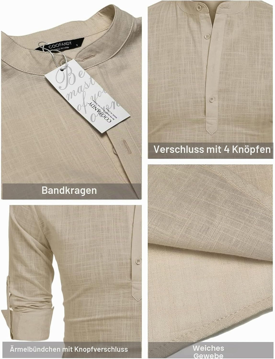 COOFANDY Hemd Herren Langarm Leinenhemd Baumwolle Henley Shirt Casual Regular Fit Sommerhemd S Khaki