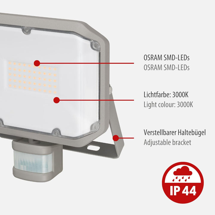 Brennenstuhl LED Strahler AL 3050 mit PIR (30W, 3110lm, 3000K, IP44, LED Fluter zur Wandmontage mit