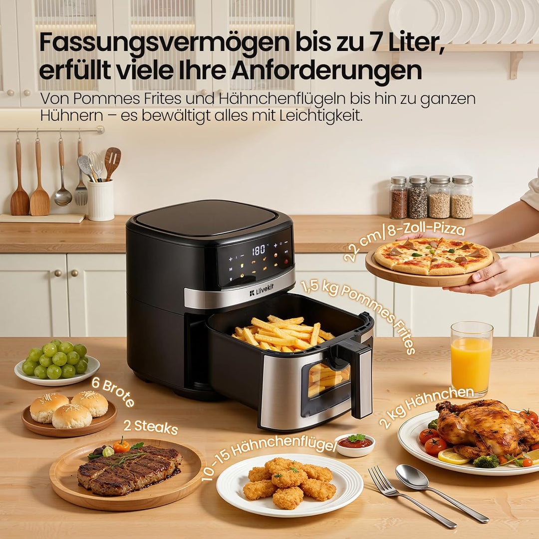LLIVEKIT 7L Heissluftfritteuse XXL mit Farb-Touchscreen, Airfryer 360° Heissluft Zirkulation-Upgrade