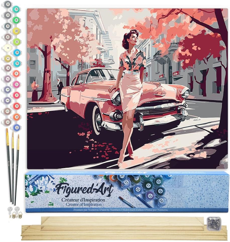 Figured'Art Malen Nach Zahlen Erwachsene Mit Rahmen Dame mit Rosa Oldtimer - Paint by Numbers Bastel