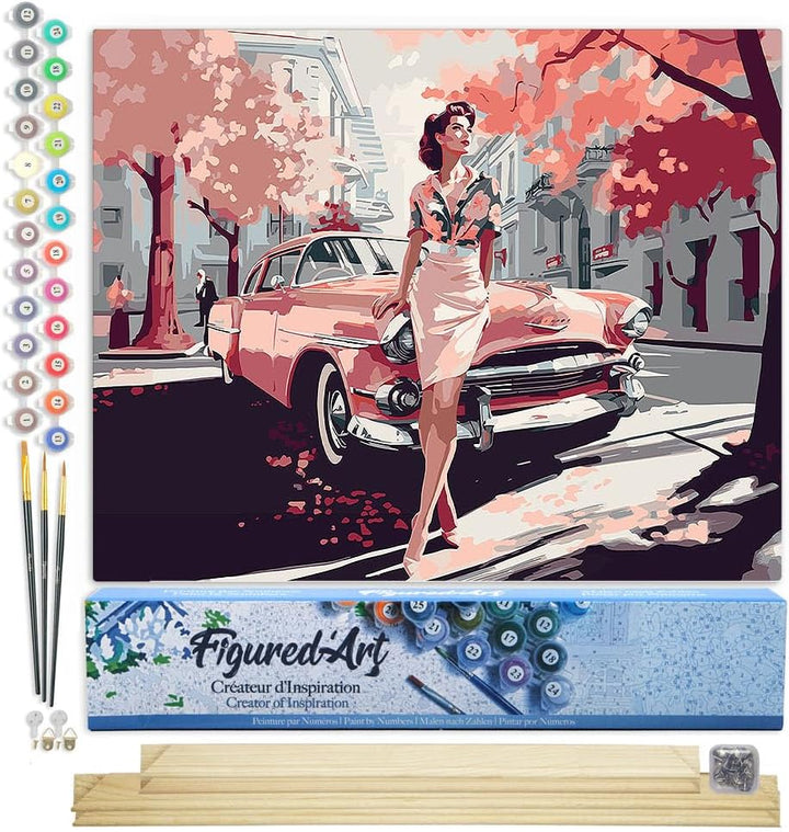 Figured'Art Malen Nach Zahlen Erwachsene Mit Rahmen Dame mit Rosa Oldtimer - Paint by Numbers Bastel
