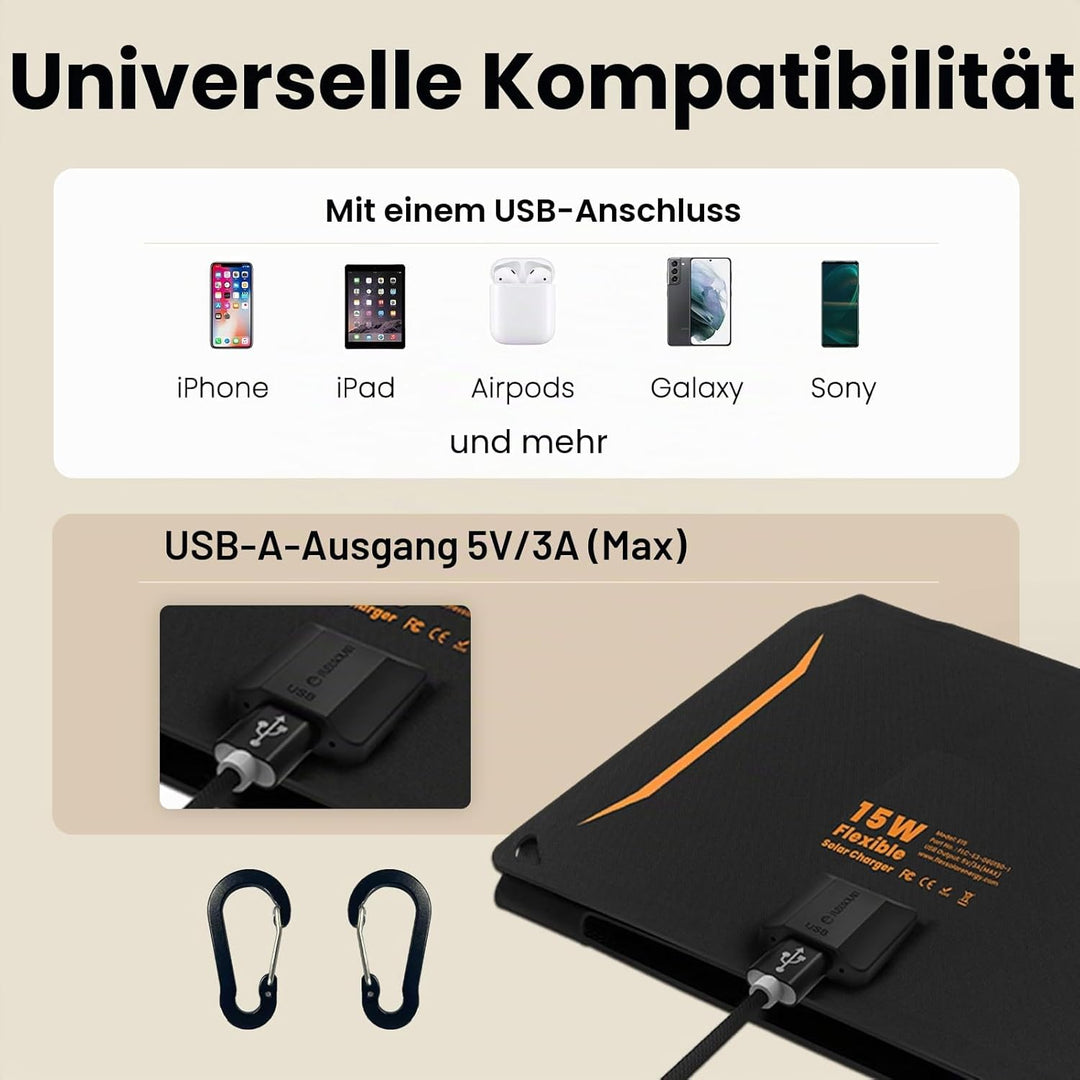 FlexSolar 15 W tragbares Solarpanel-Ladegerät (5.5 V/2.9 A max), wasserdicht, faltbar, IP67, mit USB