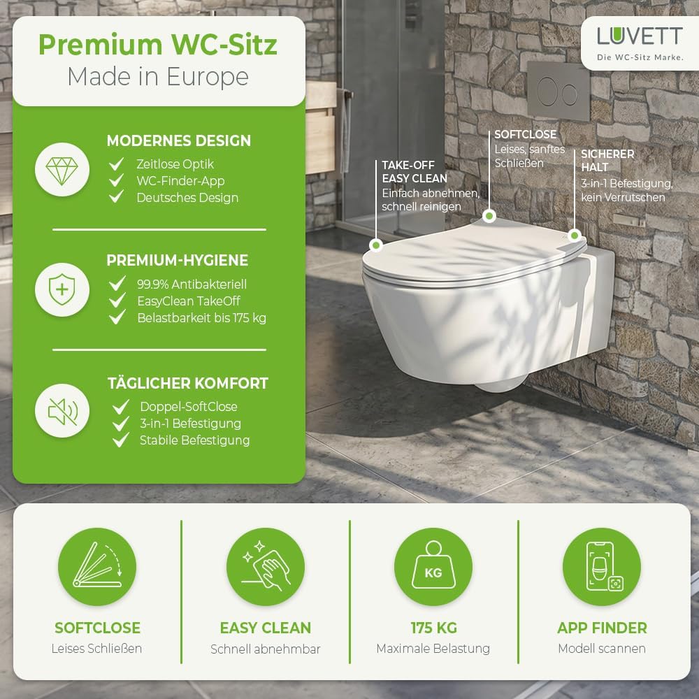 LUVETT® WC-Sitz D230 D-Form Weiss mit Absenkautomatik SoftClose, EasyClean (abnehmbar), Duroplast, e