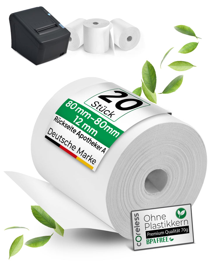 coreless - 50 Thermorollen 80mm x 80mm x 12mm mit Apotheker A ohne Plastikkern - Rolle aus Thermopap