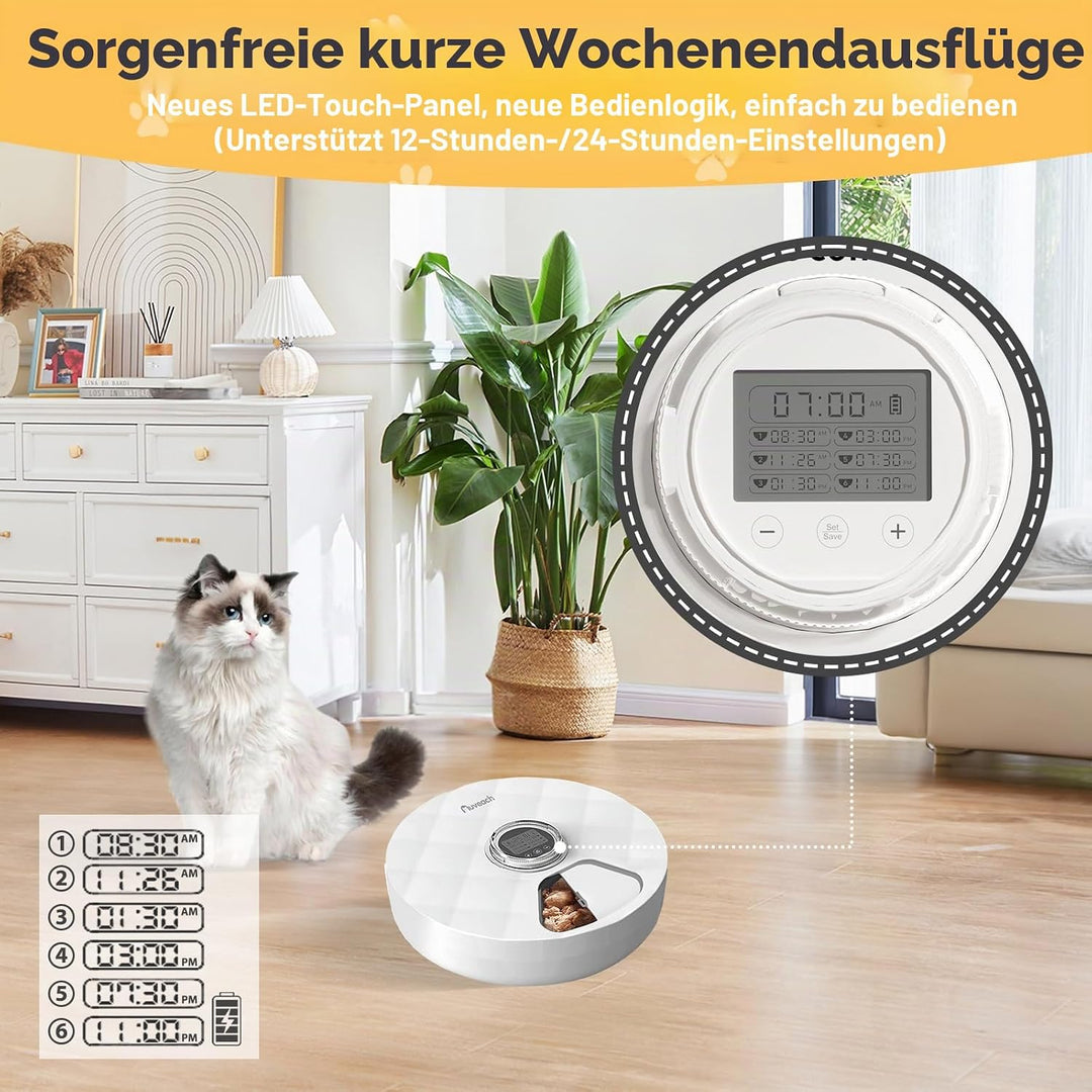 Auveach Futterautomat Katze Nassfutter Automat mit 2 Kühlakkus/Programmierbarem Timer, 6 Mahlzeiten