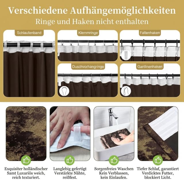 Rosnek Samt Vorhang Blickdicht 2er Set,Gardinen Kräuselband mit Heissprägen Muster,Thermogardine Ver