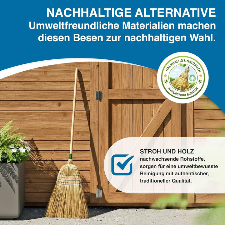 Peggy Perfect - Hochwertiger Strohbesen, Reisstrohbesen mit 5-facher Naht, Buchenholzstiel und extra