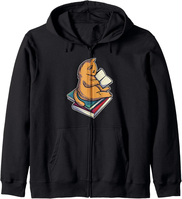 Katze Lesen und Kaffee Bücher Literatur Kapuzenjacke