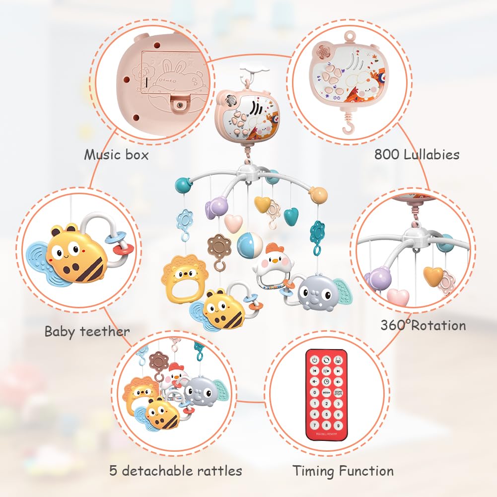 Aolso Babybett-Spielzeug, Mobile für Babybett, Baby Einschlafhilfe Musikspielzeug mit süssen Tieren,