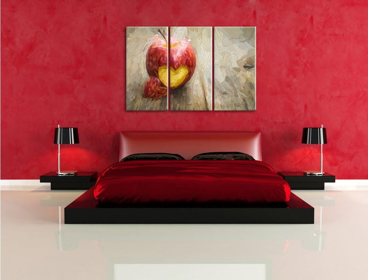 Pixxprint Herzschnitzerei in Apfel / 3-Teilig/Gesamtmass 120cm Leinwandbild bespannt auf Holzrahmen/