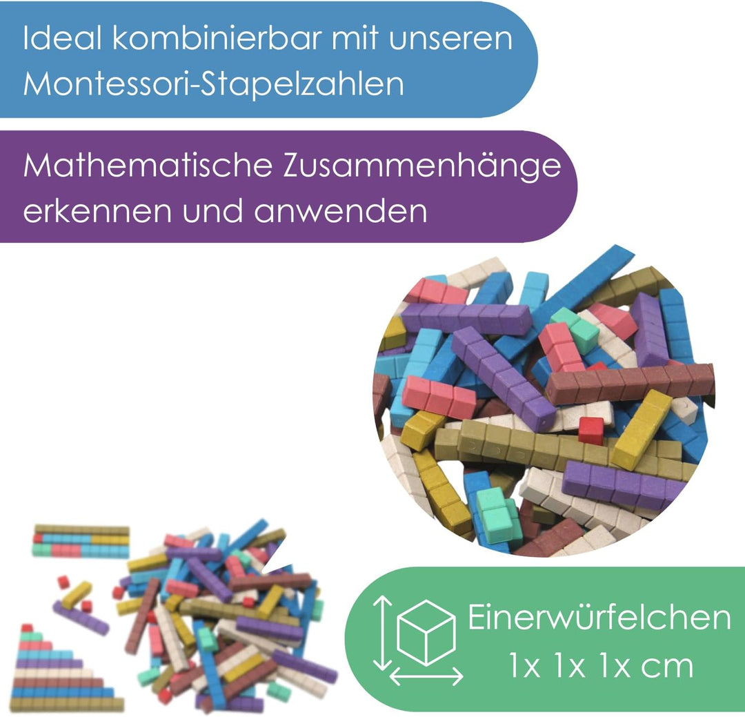 WISSNER® RE-Wood Rechenstäbe – 100 Stück in 10 Montessori-Farben, nachhaltige Cuisenaire-Stäbe aus H