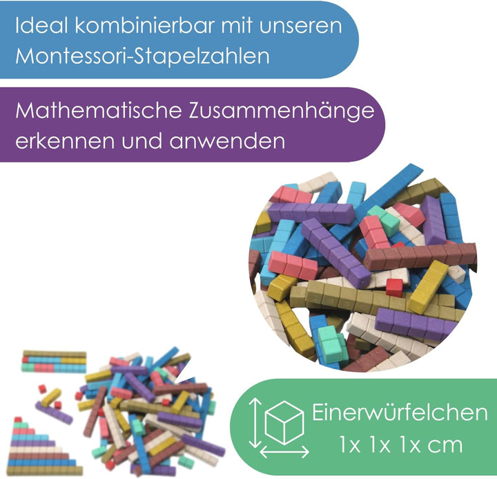 WISSNER® RE-Wood Rechenstäbe – 100 Stück in 10 Montessori-Farben, nachhaltige Cuisenaire-Stäbe aus H