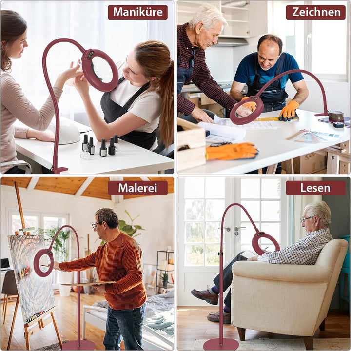 Veemagni 12X Echte Glaslinsen Lupe mit Licht und Ständer, 24" Flexible Schwanenhals-Lupe Stehlampe,