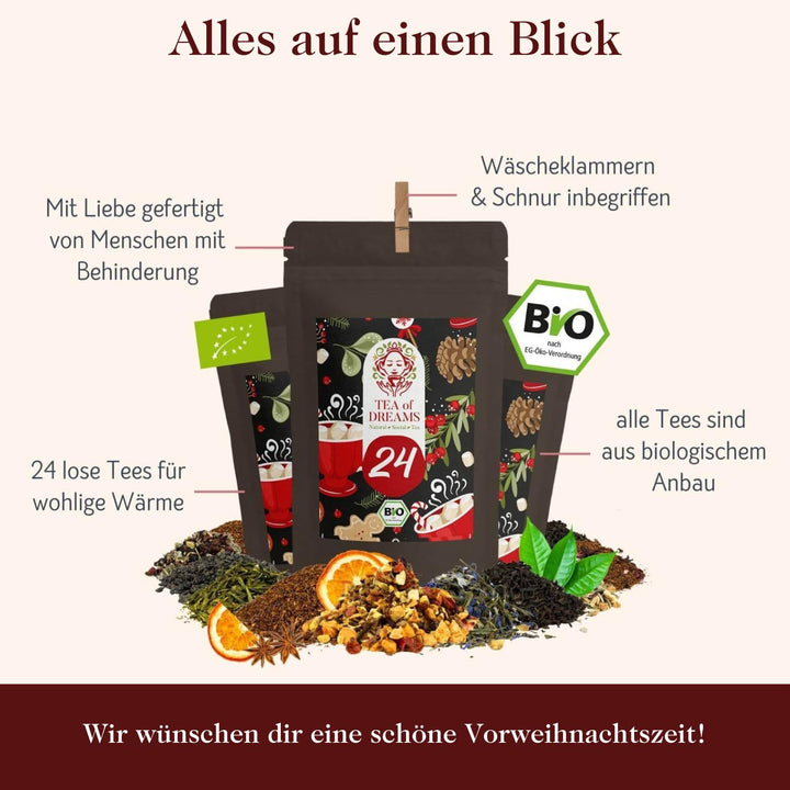 Tee Adventskalender 2025 Bio - Geschenk für Frauen und Männer - Mit Liebe gefertigt von Menschen mit