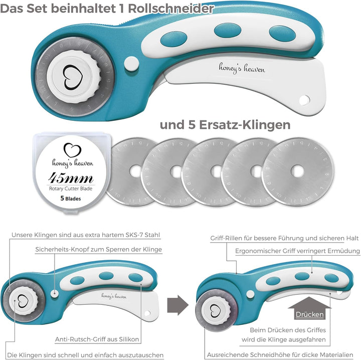 Honey's Heaven 45 mm Rollschneider Stoffschneider Set inkl. Schneideunterlage, Ersatzklingen, Stoffk